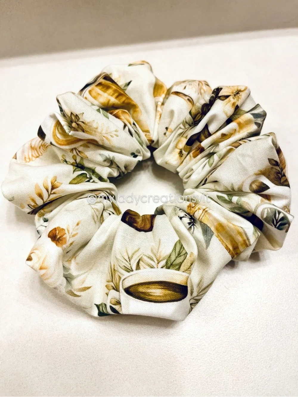 Starbucks Inspired Coffee Floral Cream Sage Brown Handmade Scrunchies